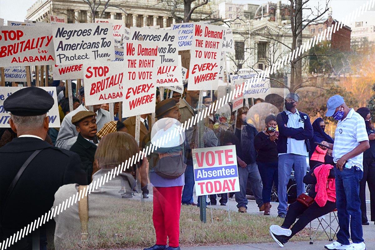 image of voting from mid 20th century against an image of voting in 2020
