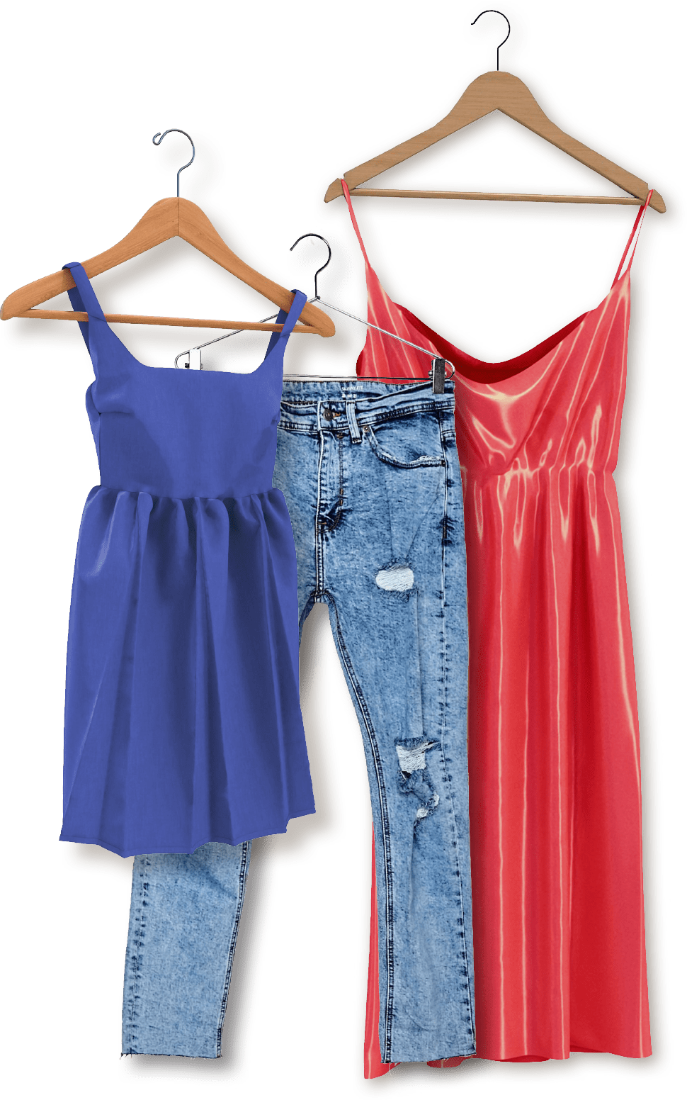 red and blue dresses and a pair of blue denim jeans
