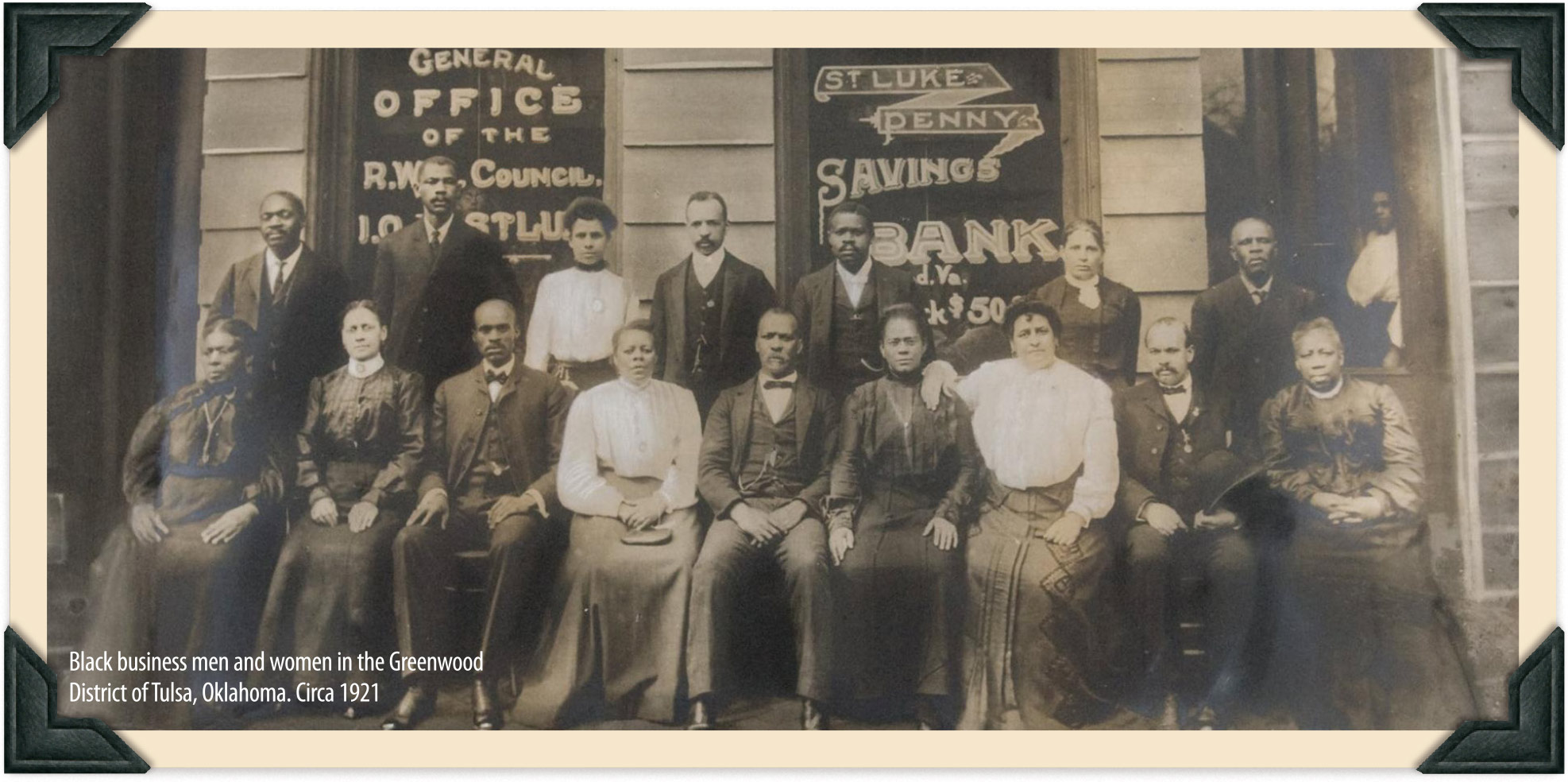 Black business men and women in the Greenwood District of Tulsa, Oklahoma. Circa 1921