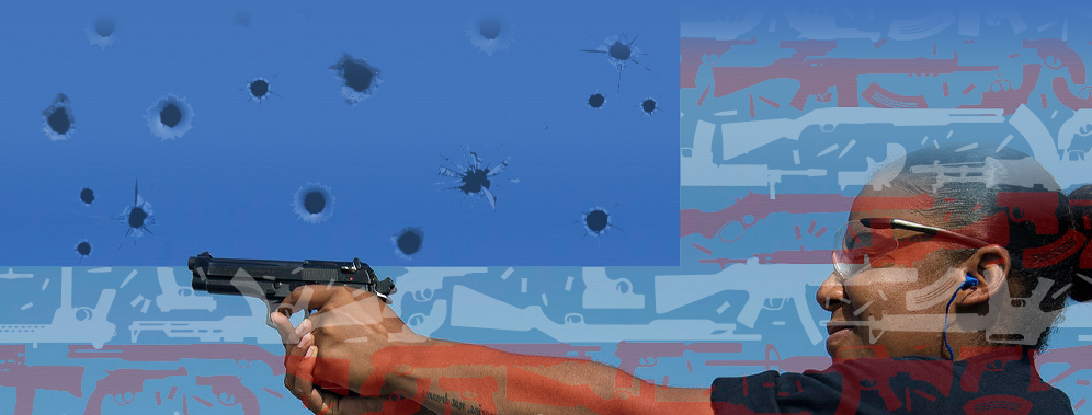 woman using gun with american flag texture in background