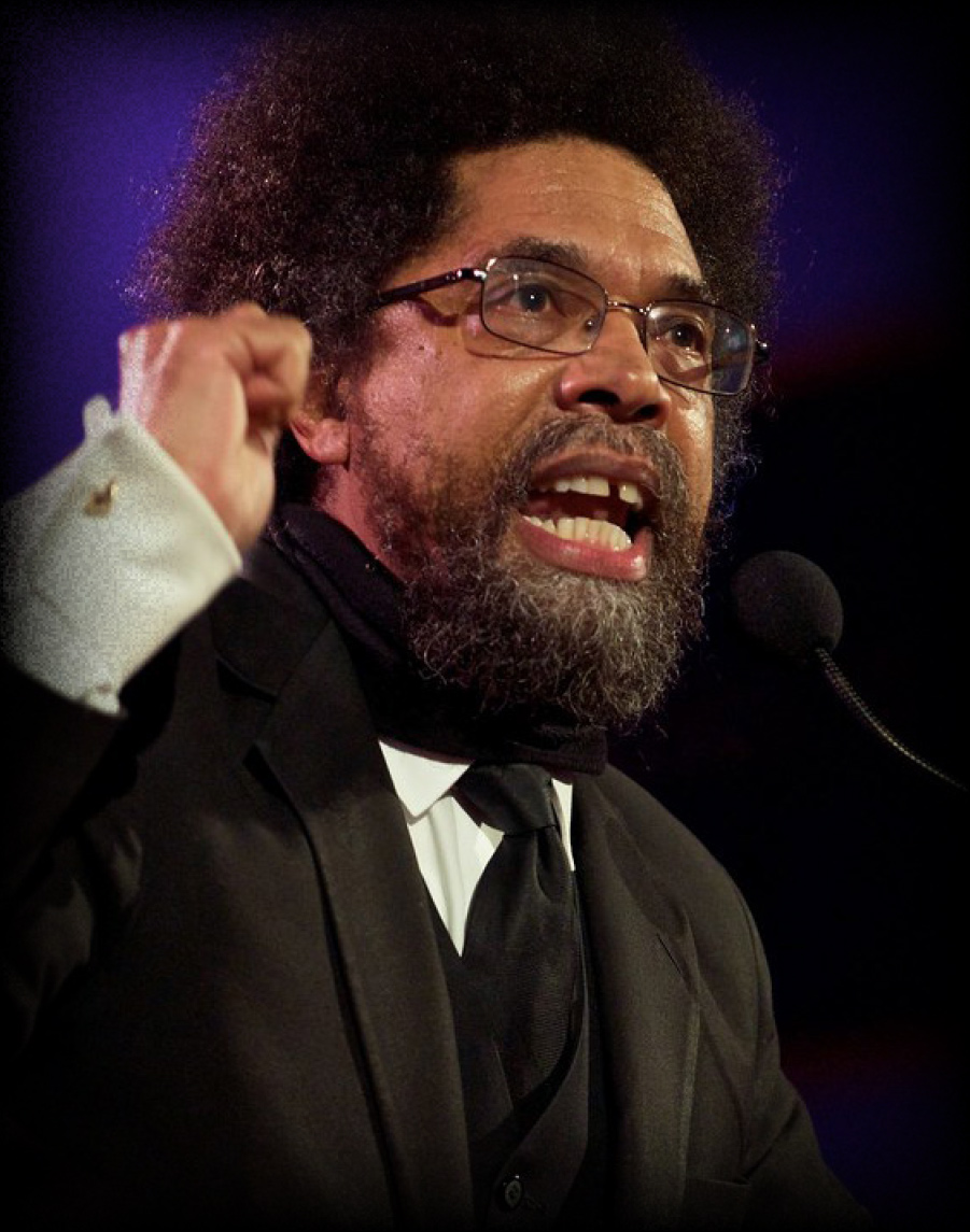 Cornel West speaking at podium with microphone