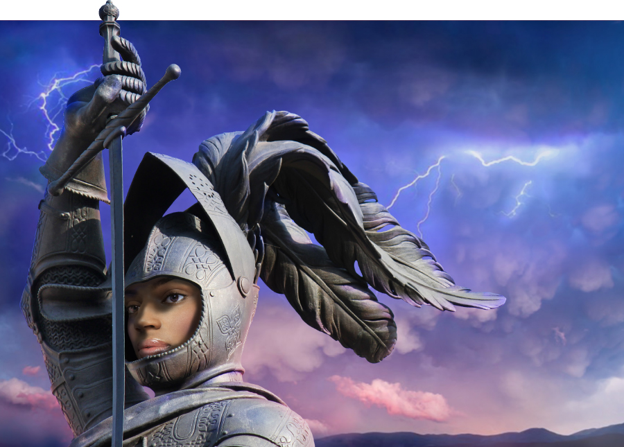 female knight holding sword with lightening storm behind her