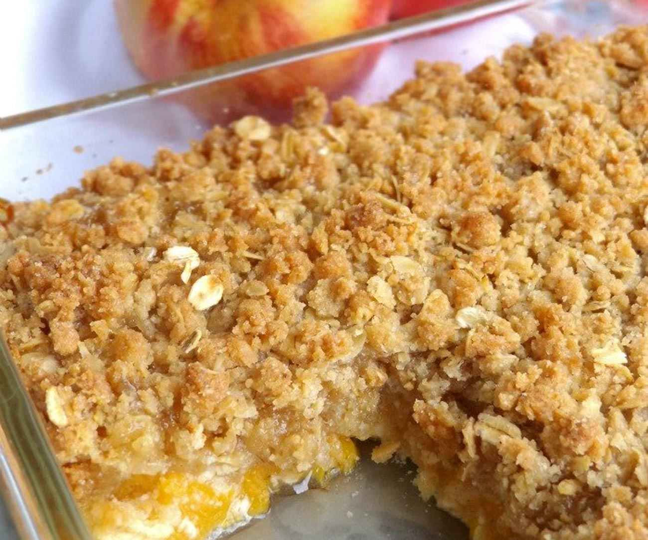 close up of Peach Crisp with a piece gone