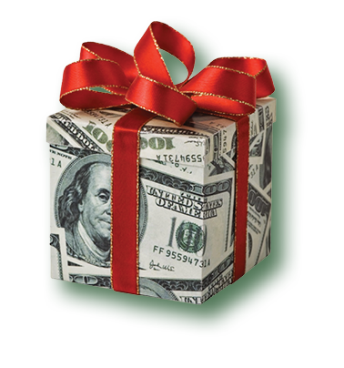 Gift box with red bow wrapped in cash patterned paper