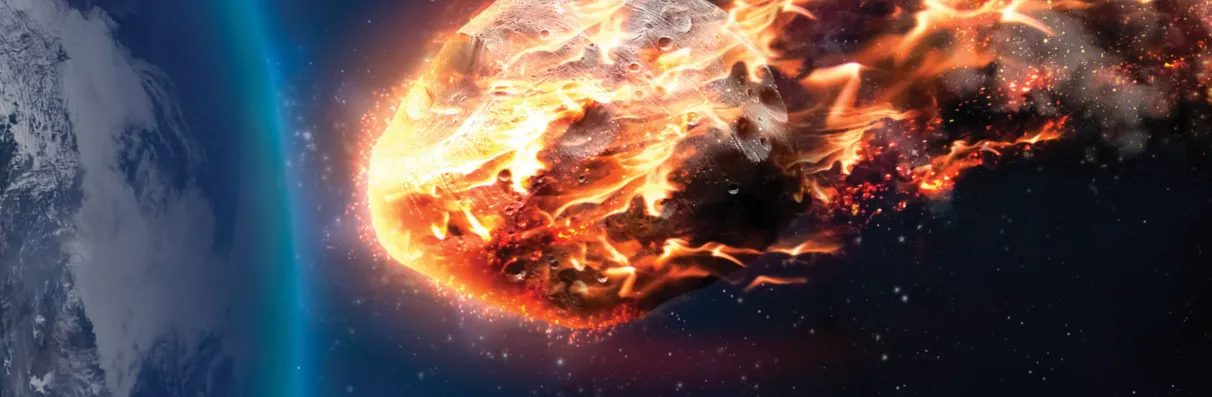 Fiery asteroid in space heading towards earth