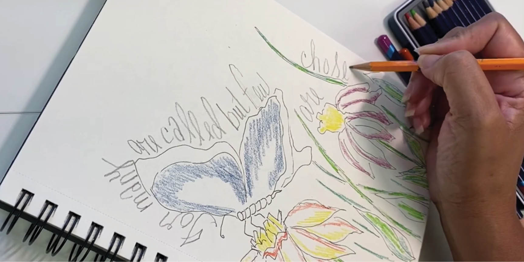 Person drawing butterfly on flower in notebook with pencil