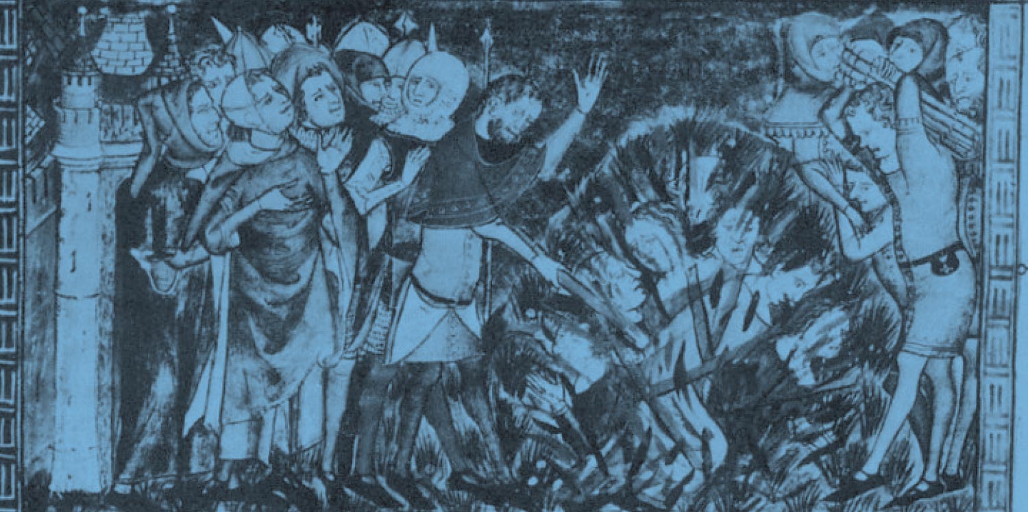 a black and blue etching of an event from the 14th century
