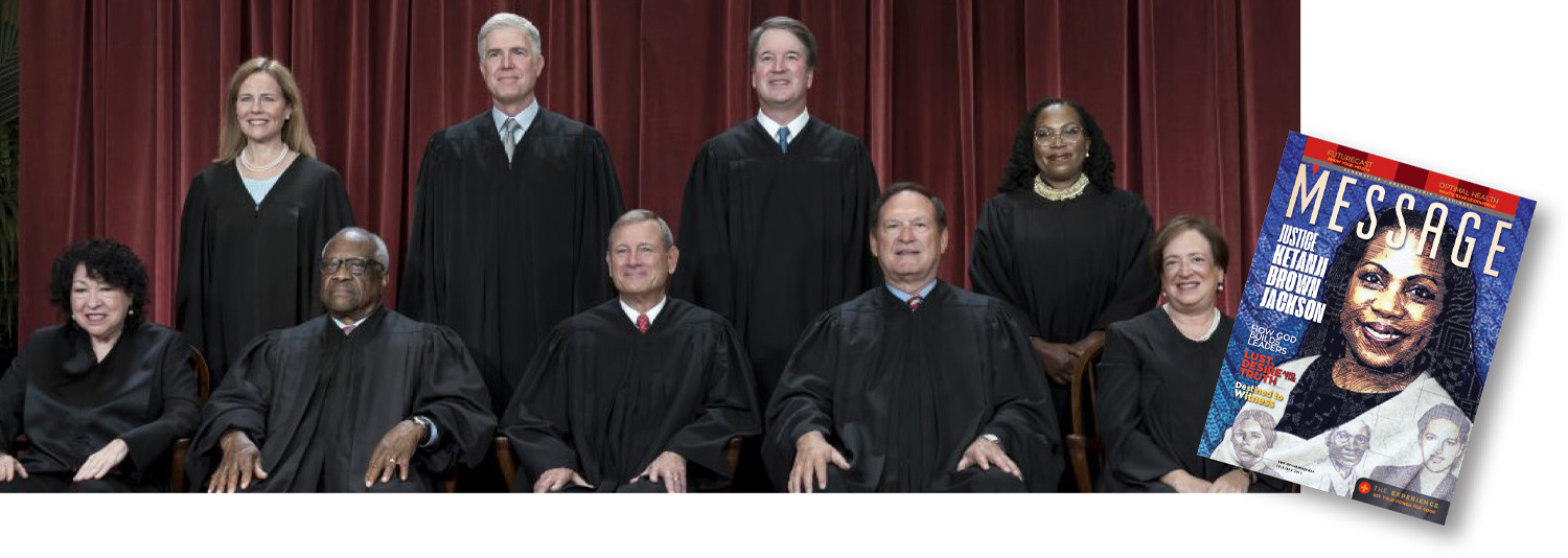 2022 U.S. Supreme Court justices photographed together; cover of the July/August issue of Message Magazine