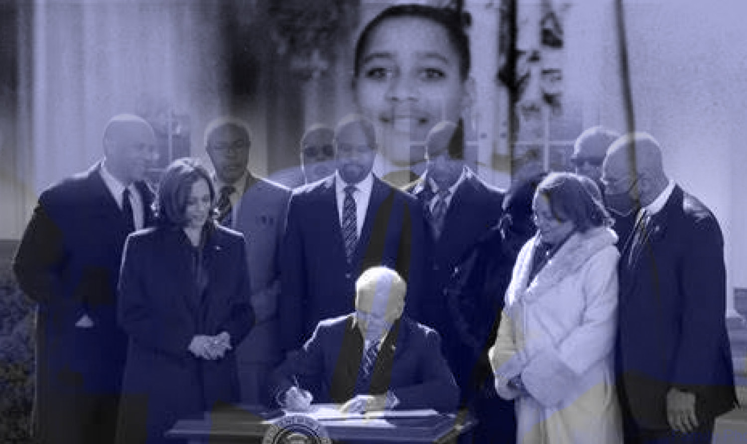 a photo of Emmett Till imposed over a photo of President Joe Biden signing a bill at a desk