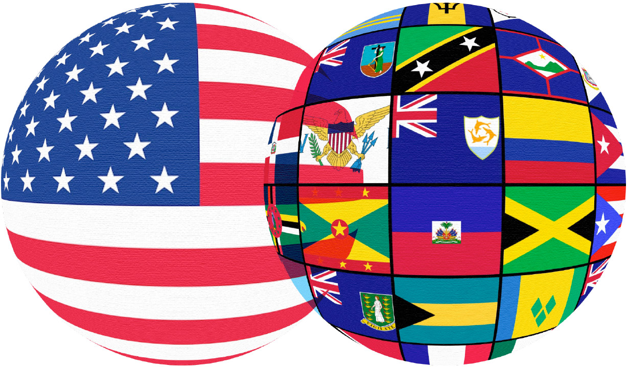 american flag globe and globe with various country flags