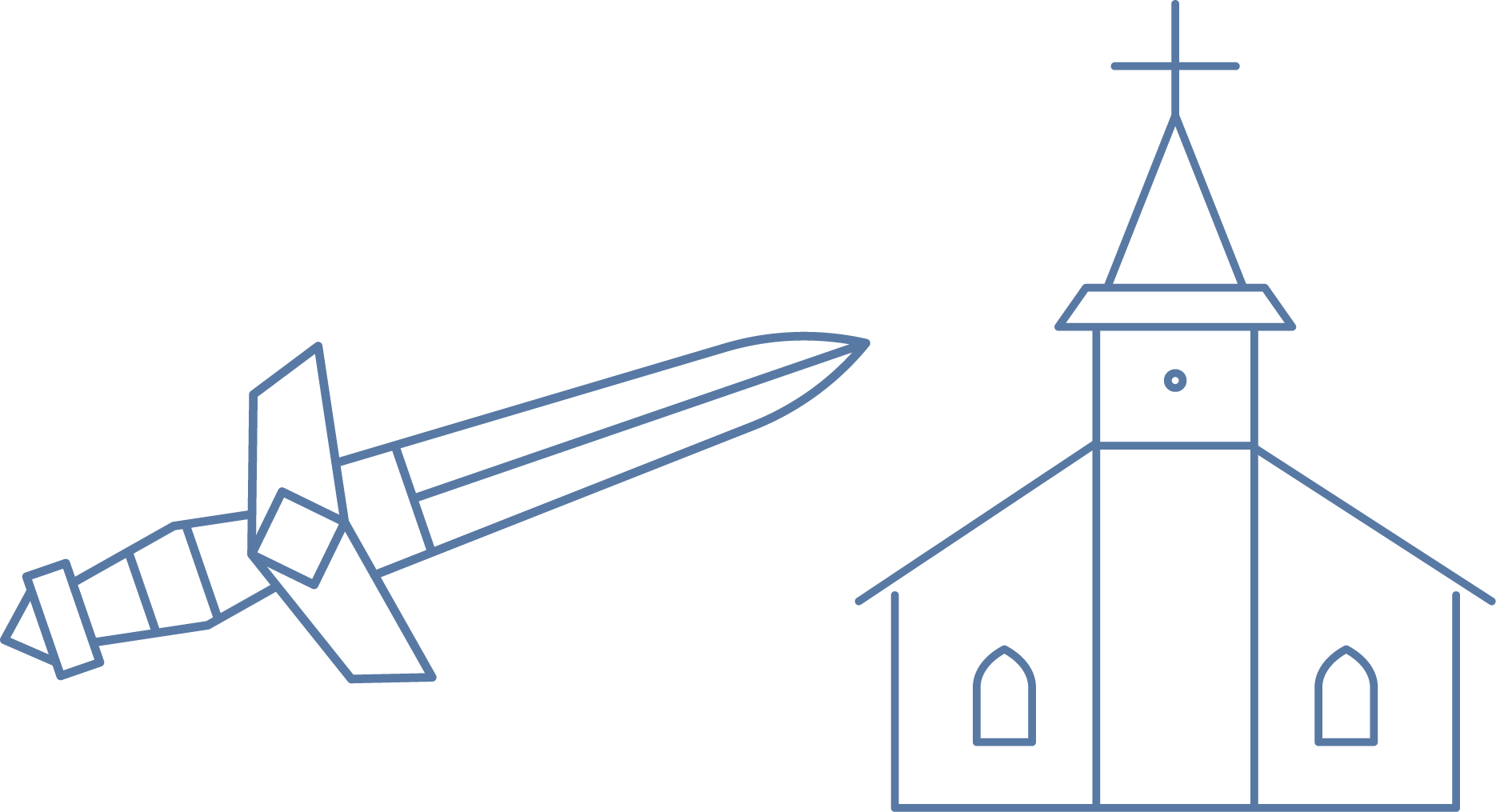 line drawing of a dagger and a church