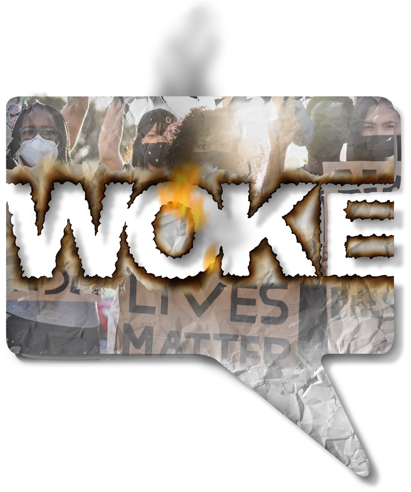 protesters inside chat bubble with the word 'Woke' burning through