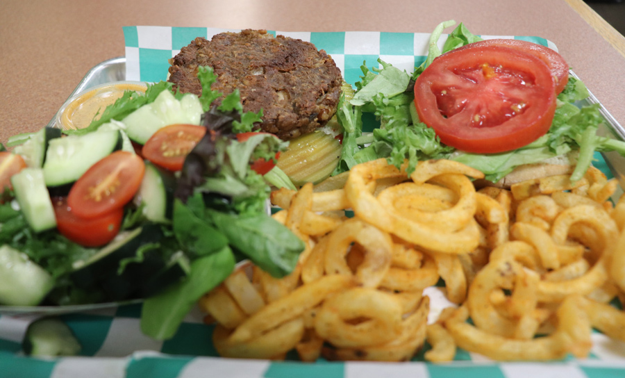 vegan burger with lettuce, tomatoes, and pickles and a salad and curly fries