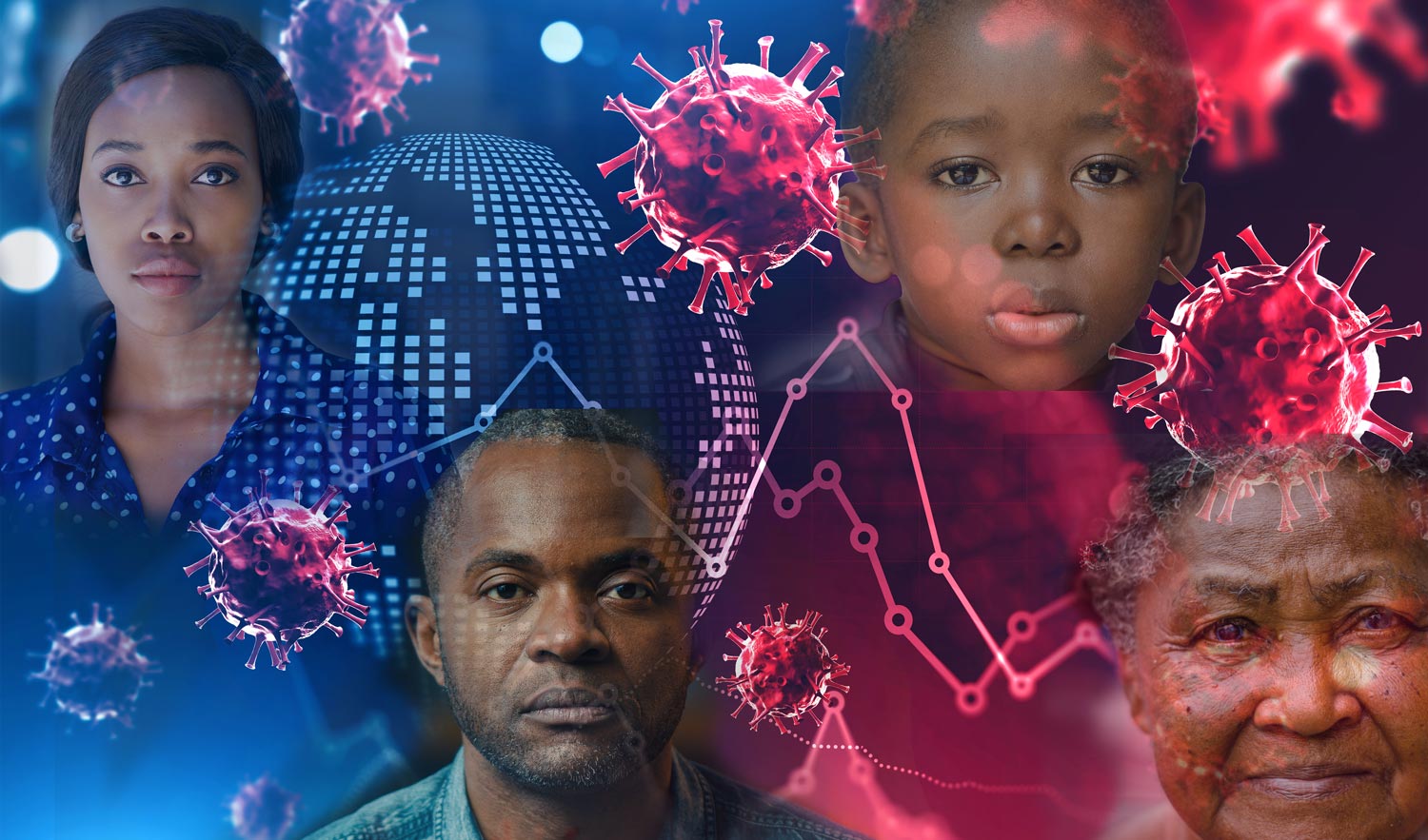 images of a young woman, and older man, a little boy and an elderly woman superimposed with viral and data imagery