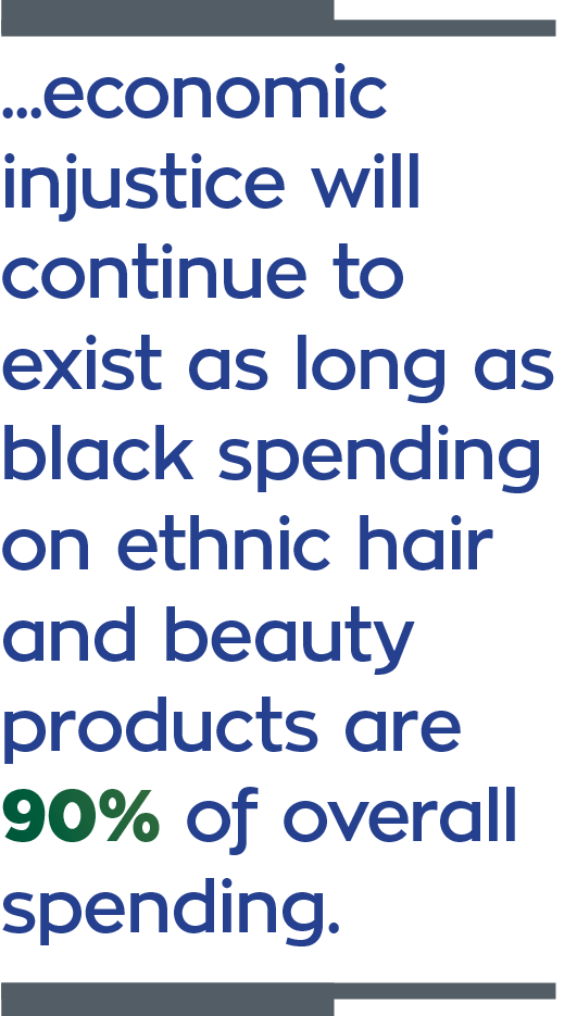 ...economic injustice will continue to exist as long as black spending on ethnic hair and beauty products are 90% of overall spending. 