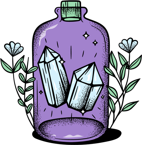 digital illustration of a bottle with diamonds inside, sealed with a cork and surrounded by flowers