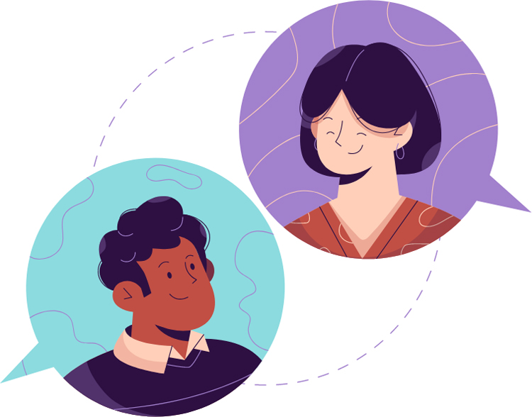 digital illustration of two speech bubbles with portraits of a man in one and a woman in the other
