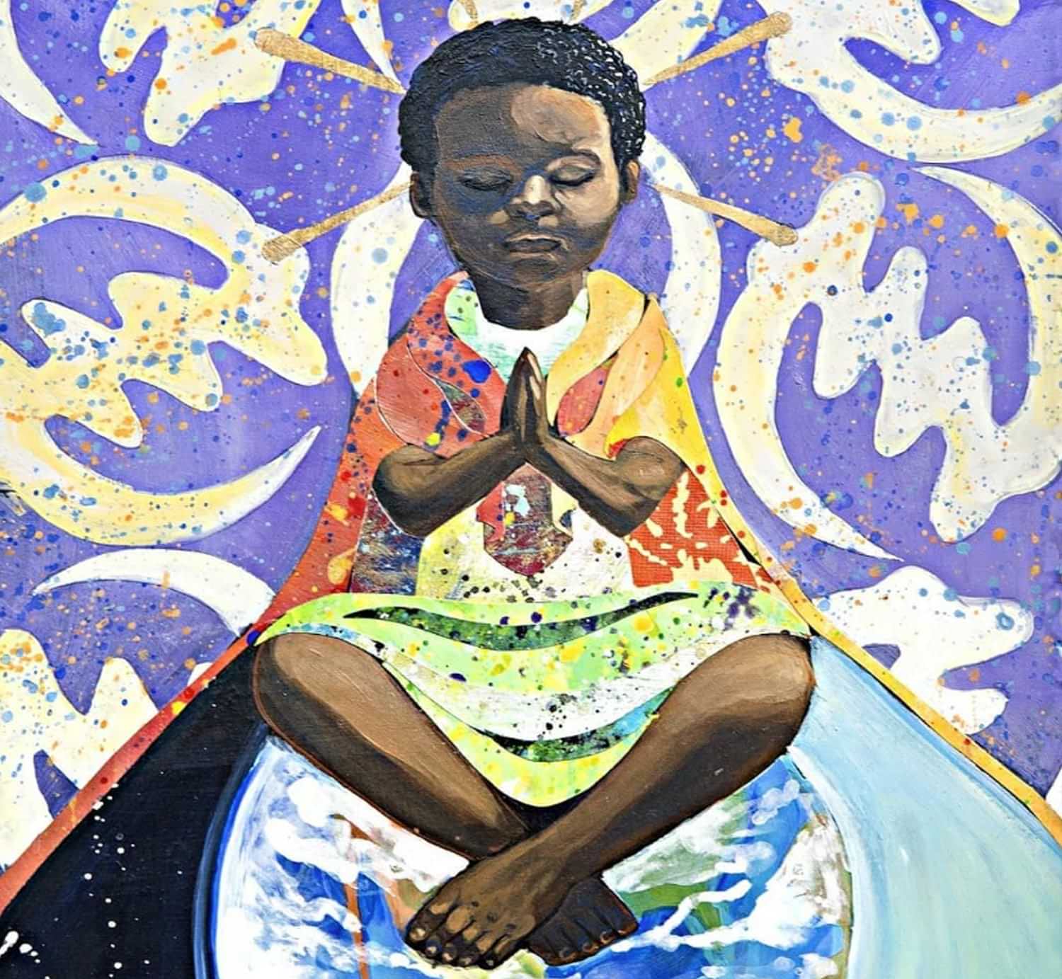 mixed media artwork depicting a young black boy wearing a long cloak while sitting atop the earth with his eyes closed and hands in prayer
