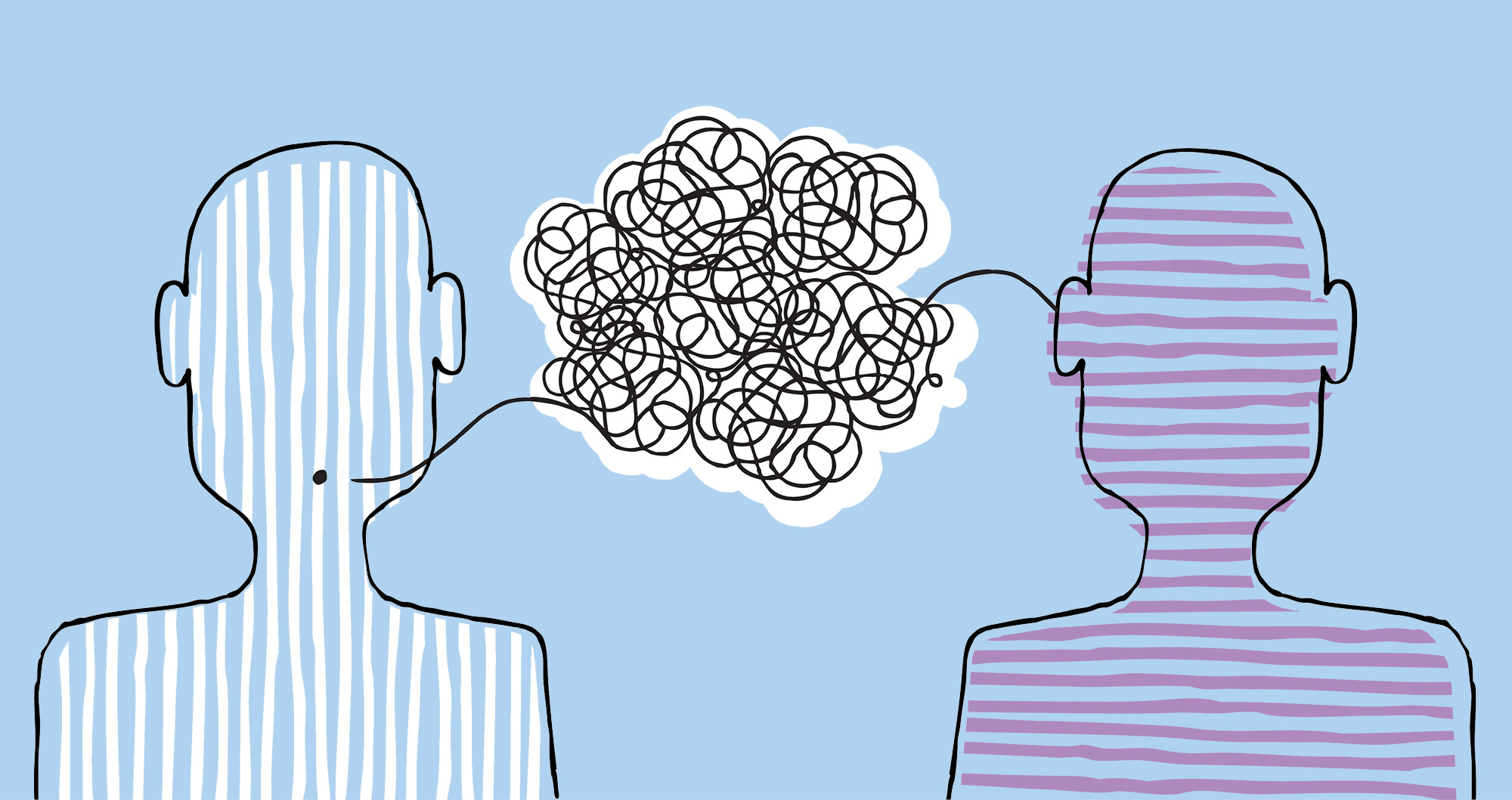 illustration of two people, one speaking and one listening with a scrambled tangled tether