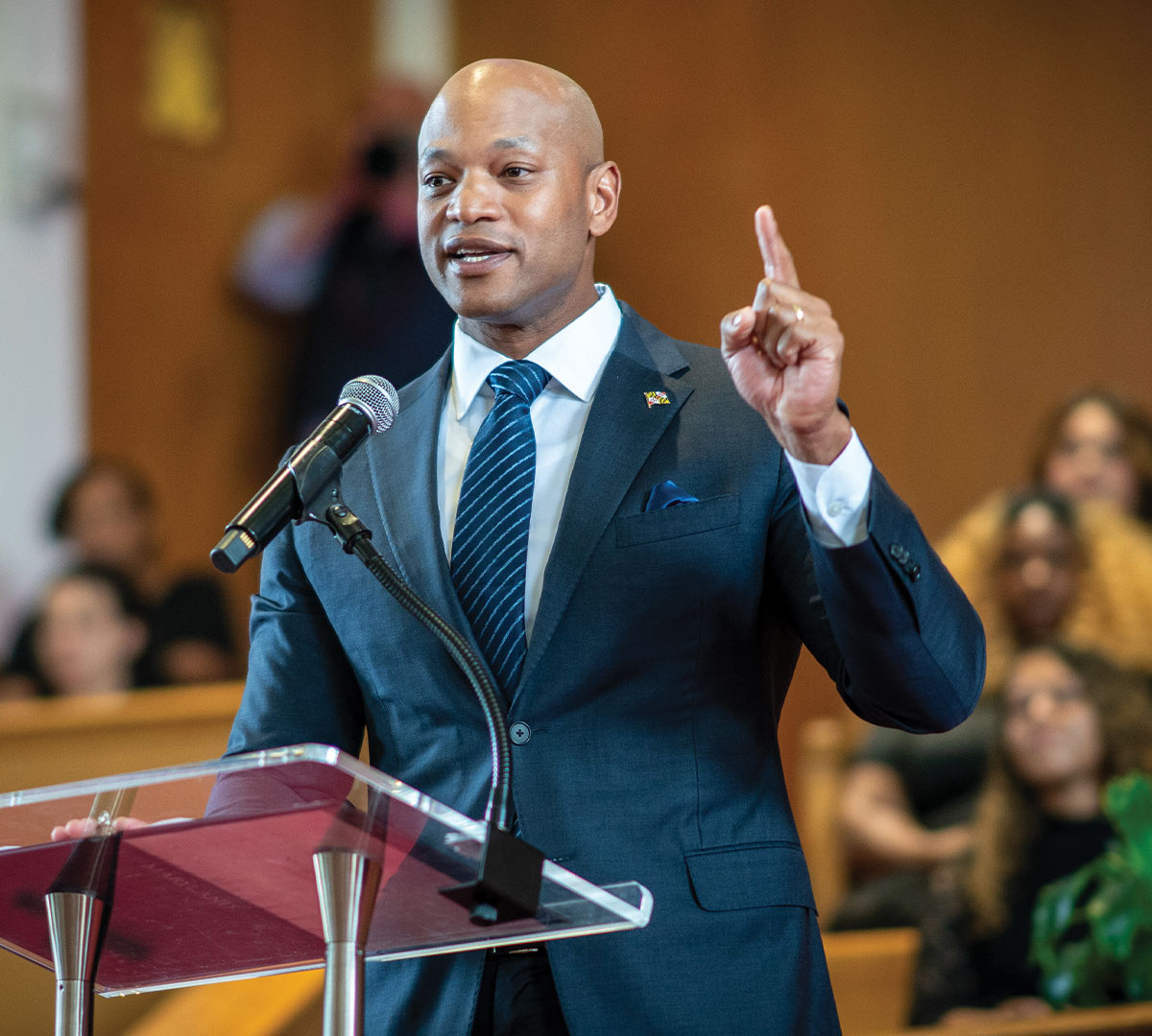 Governor Wes Moore speaking at the pulpit