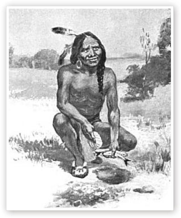 black and white copy of a painting of an Indigenous American man kneeling while holding fish in a clearing