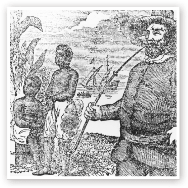black and white etching of an early American smoking a pipe while standing next to two slaves