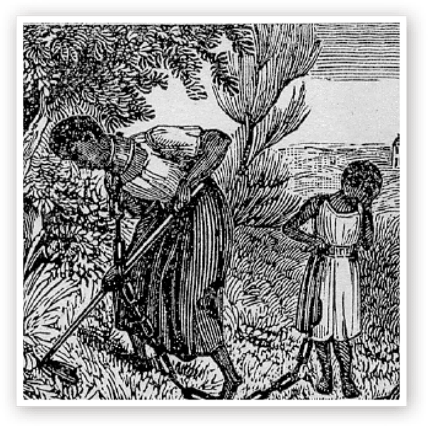 black and white etching of a woman and young girl, working in a field with shackles bound to their neck and waist