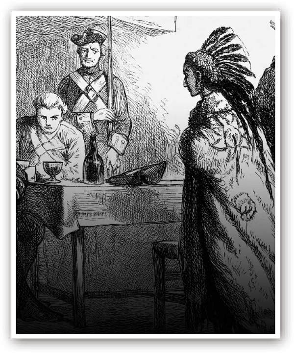 black and white etching of an Indigenous chief meeting with a European commander