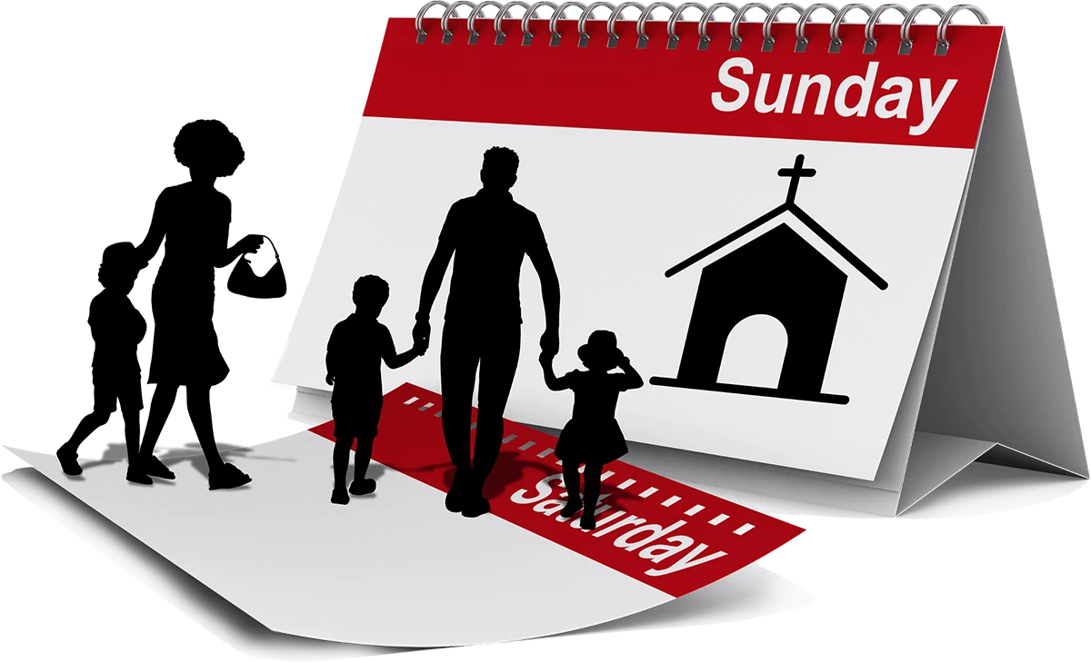 Stylized image of calendar flipping from saturday to sunday with family walking to church