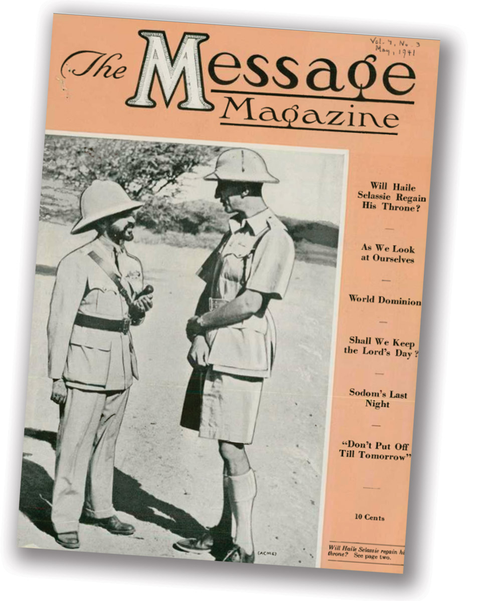 Vintage The Message Magazine cover with black and white photo of two men in uniform talking to each other
