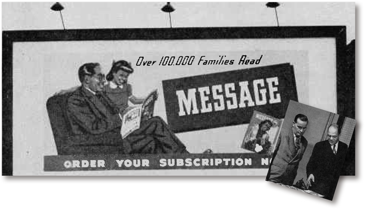 1950's black and white illustration of a father and daughter sitting on an arm chair and looking at Message magazine together, accompanied with the text: Over 100,000 families read Message, Order your subscription now!; black and white photo from a 1954 issue of Message Magazine