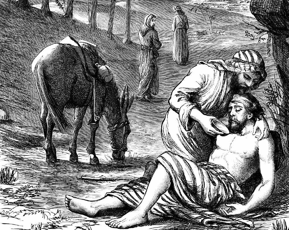 Outdoor illustration of a Samaritan individual cleansing with a small bowl of what appears to be water on a person lying down on the ground up against a tree trunk as there is a donkey and two other disciples nearby roaming around in the background