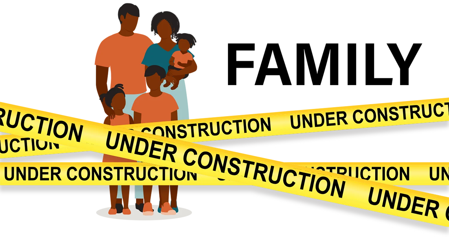 vector illustration of a family of four with the text Family Under Construction