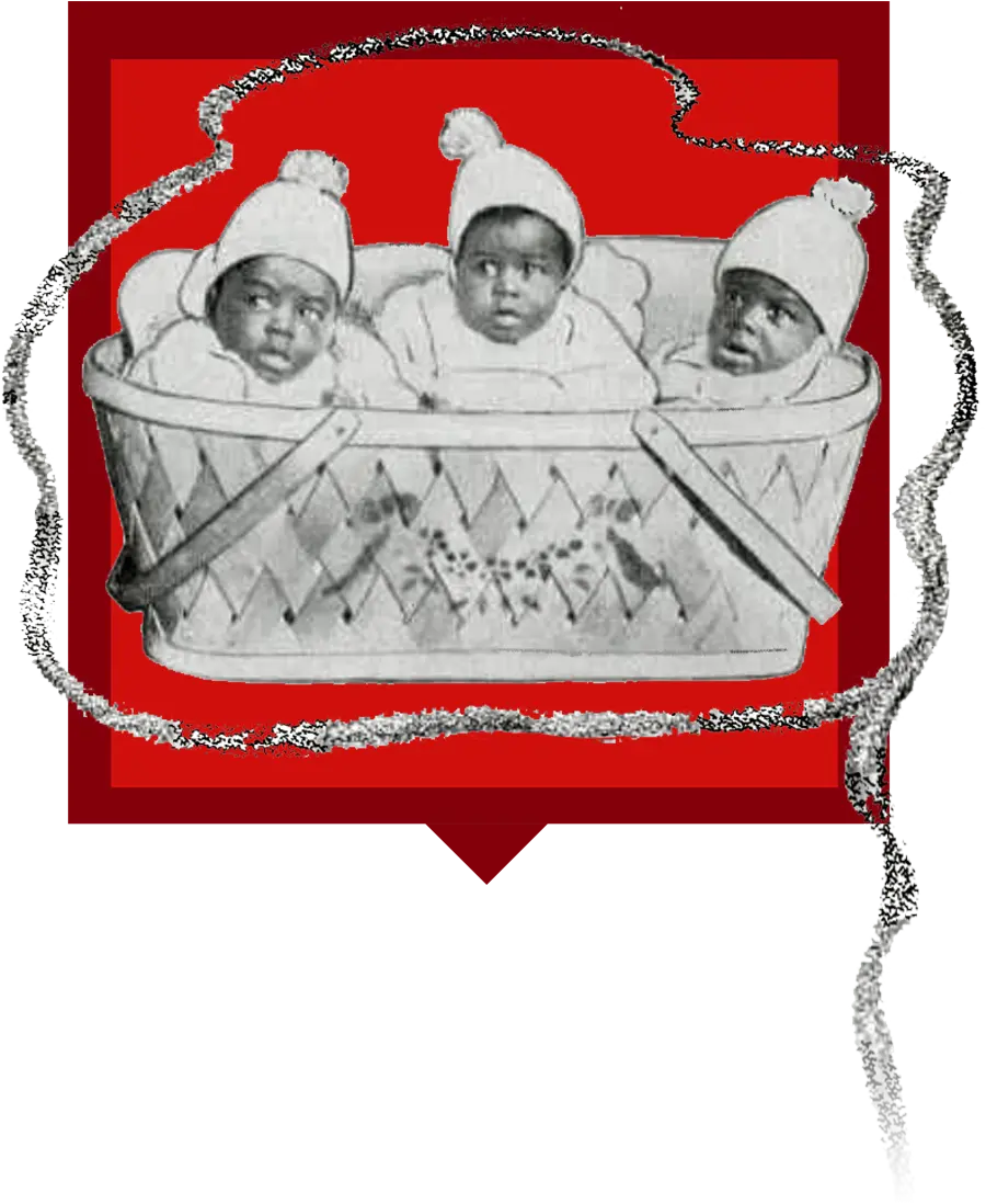 three babies sit in a large wicker basket, around them floats a circle of cigarette smoke