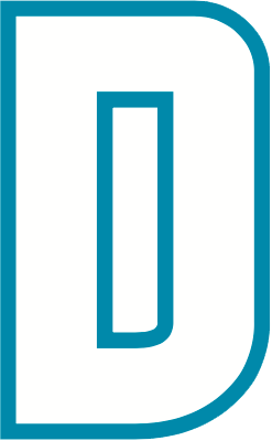 Uppercase letter D dropcap with a turquoise colored outer and inner stroke outline all around the letter