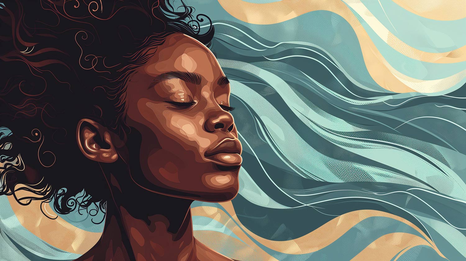 illustration of woman's side profile against blue and gold background 