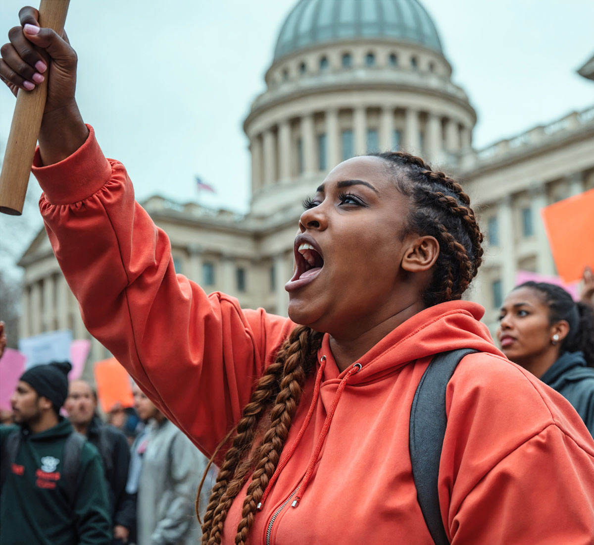 action shot of a black woman, her braided in long cornrows, holding a sign while protesting in front of a domed government building