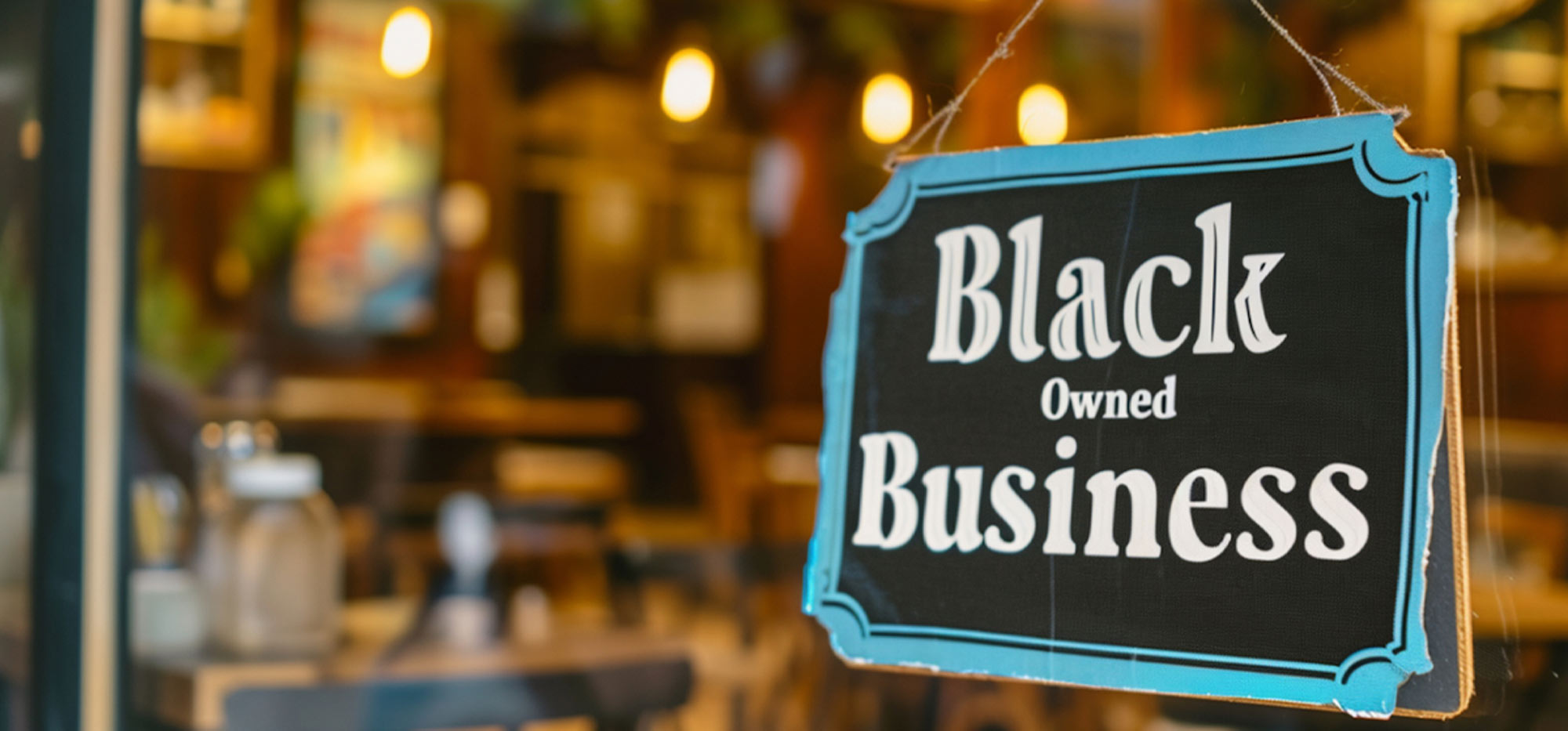 close up of a “Black Owned Business” sign hanging in a shoppe window