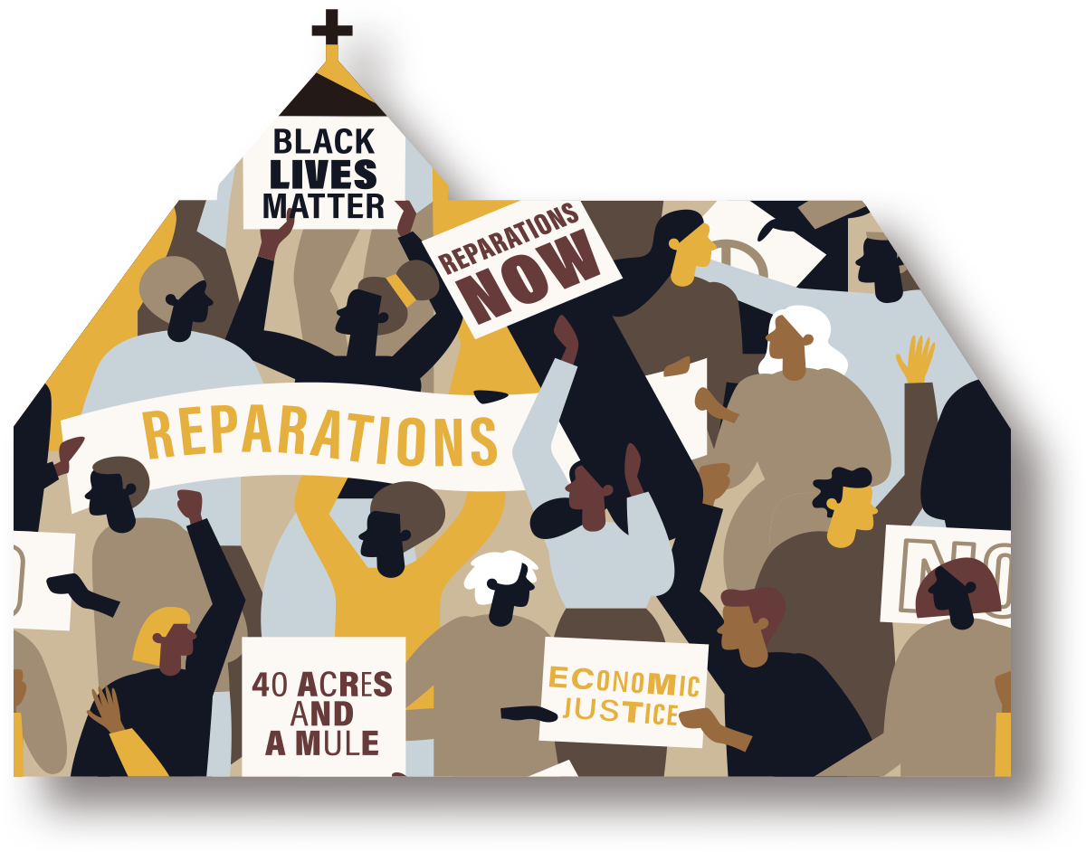 church made up of digital illustrations of protestors holding signs for justice