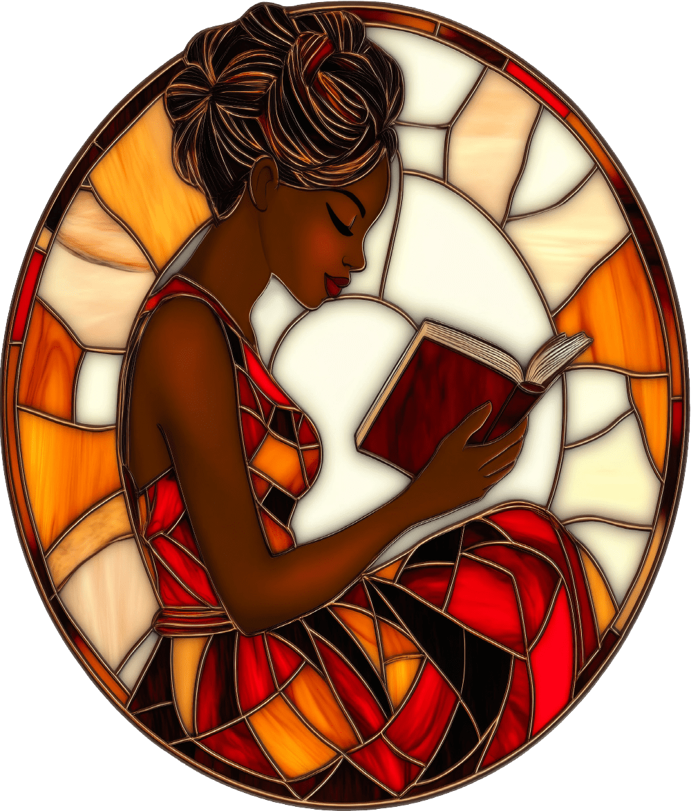 glass stained window of woman reading a book