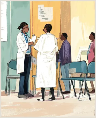 Illustrated scene of two healthcare professionals in white coats having a discussion in a clinic hallway, while patients wait seated in the background.