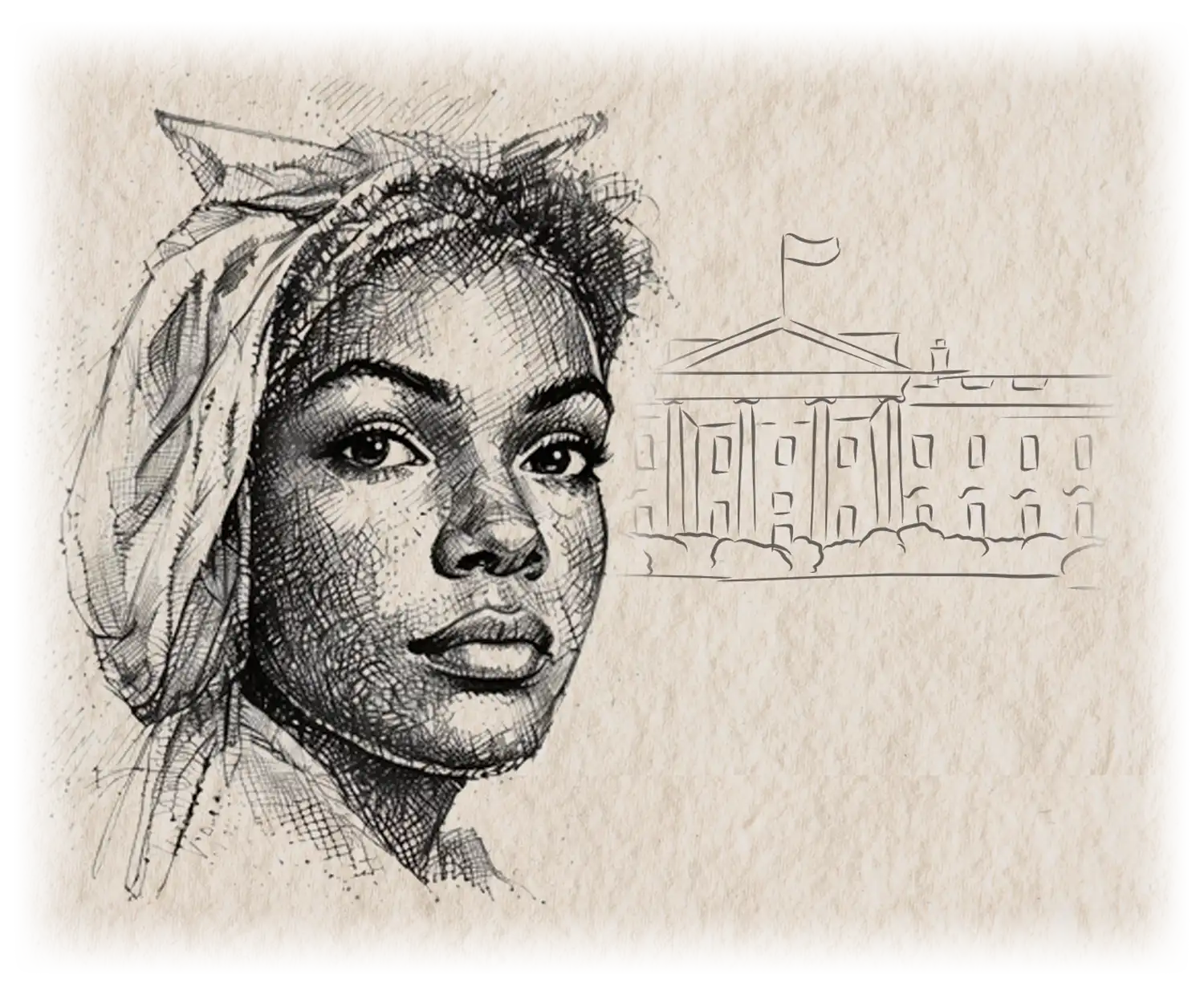 sketch illustration of Mary Elizabeth Bowser on textured paper with an outline of the White House in the background