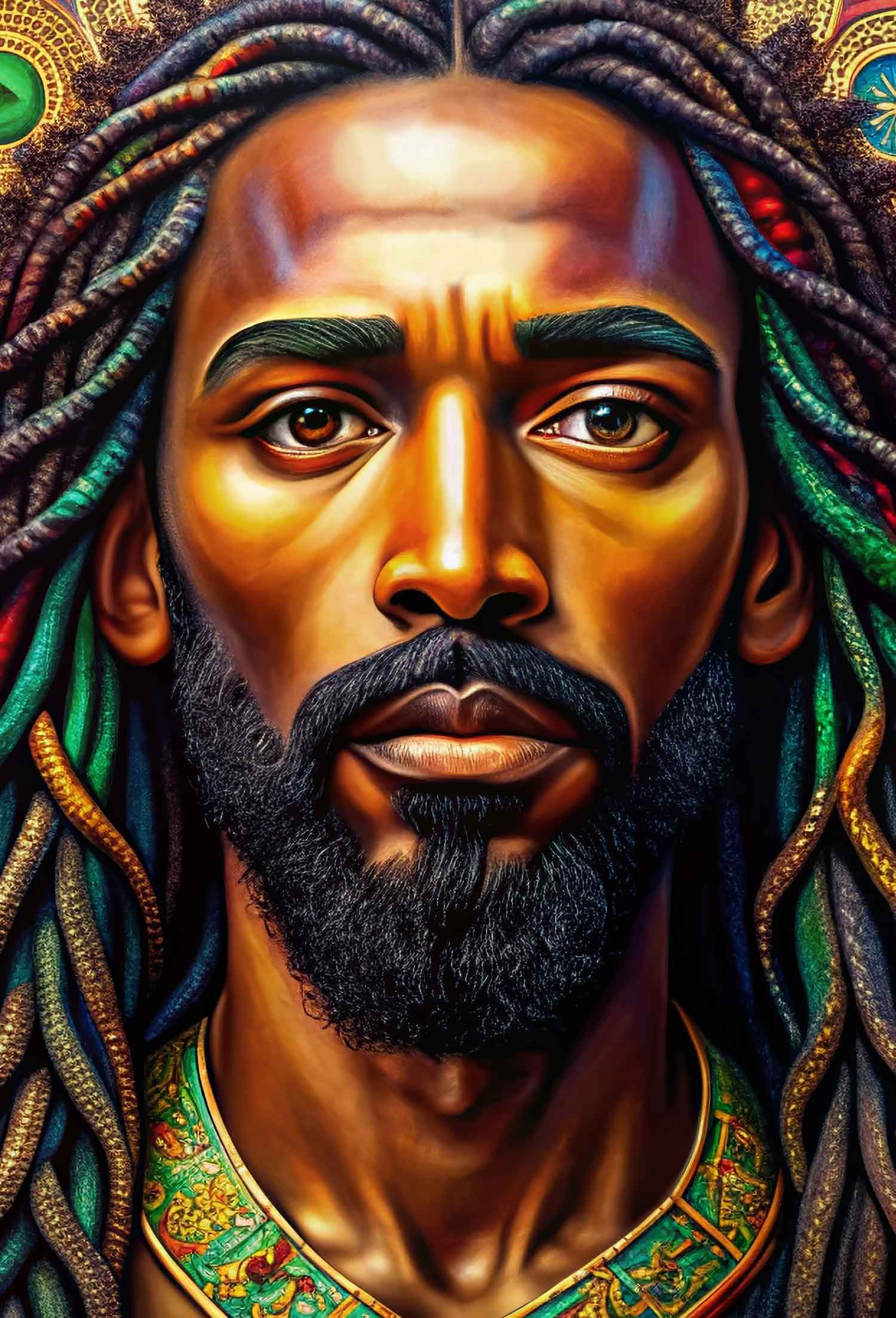 digital illustration of man with colorful dreads and a green and gold necklace