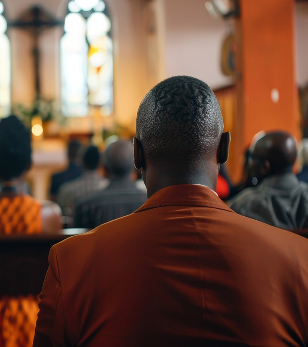  A man, viewed from behind, sits in a church pew
