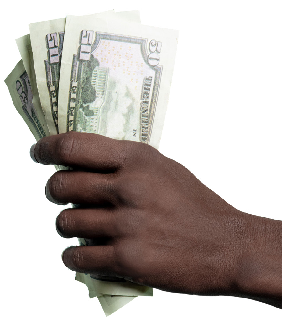 hand holding out three fifty dollar bills
