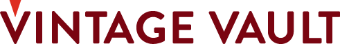 Logo for the “Vintage Vault” feature, with the word “VINTAGE” in bold red capital letters and a downward-pointing red triangle above the letter “V,” followed by the word “VAULT” in solid burgundy.