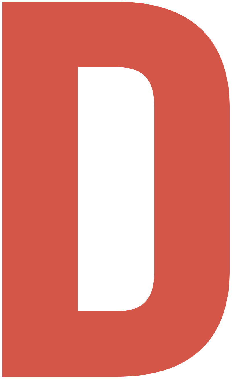 Uppercase letter D dropcap in dark reddish-orange