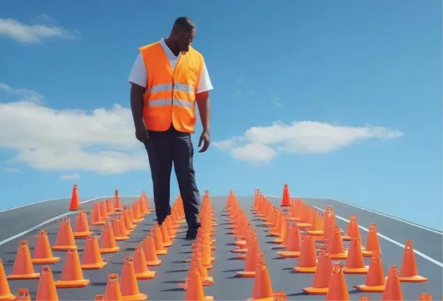 A man wearing a bright orange safety vest stands on a road filled with rows of orange traffic cones. He looks down at the cones cautiously as he navigates through them. The sky is bright blue with scattered clouds.