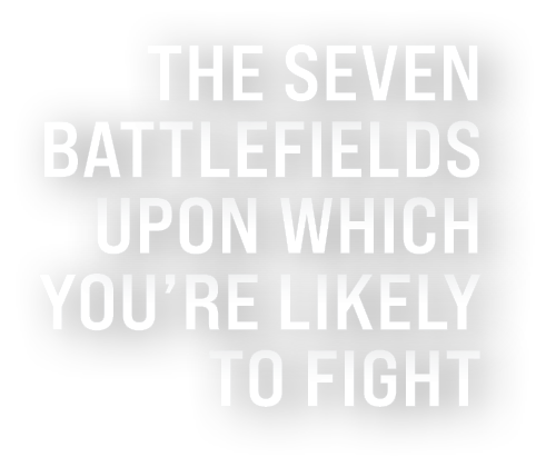 Graphic text that reads: “The Seven Battlefields Upon Which You’re Likely to Fight” in bold white uppercase letters on a black rounded background.