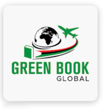 Logo for Green Book Global. The design includes a green book, a globe showing Africa, and a green airplane circling the globe with red and green swooshes. The words “GREEN BOOK” appear in bold green letters, and “GLOBAL” is in smaller black text underneath.